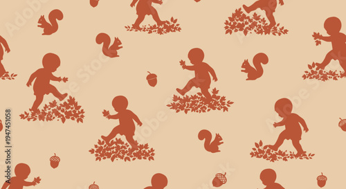 Childhood Autumn Play Silhouette Pattern with Babies, Squirrels, and Acorns