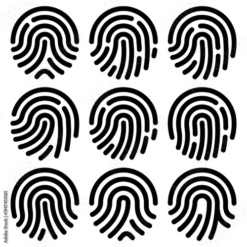A collection of nine unique black fingerprint icons isolated on a white background for security and identification concepts.
