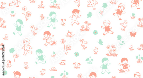 Cute Hand-drawn Pastel Children and Flowers Seamless Pattern for Kids Industry