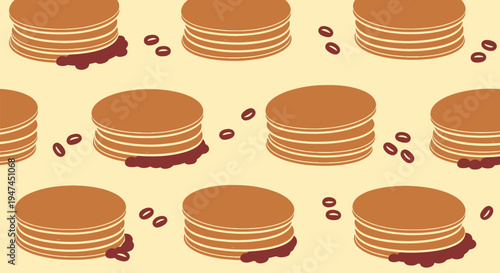 Flat Design Food Pattern of Stacked Pancakes with Coffee Beans for Breakfast and Dessert