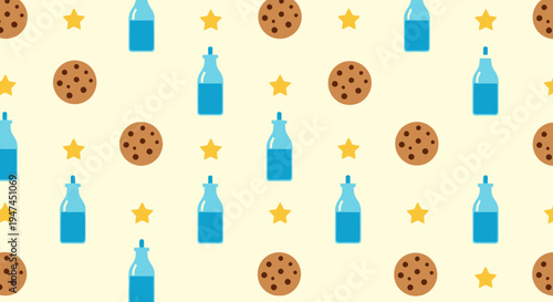 Sweet Food  Beverage: Flat Design Seamless Pattern with Cartoon Cookies, Milk, and Stars