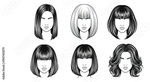 Women's Hairstyles  Haircuts Black  White Line Art Set - Beauty  Fashion Vector