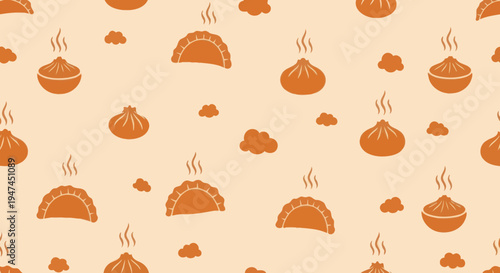 Asian Cuisine Flat Vector Seamless Pattern: Steaming Dumplings and Gyoza Food Background