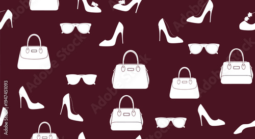 Women's Fashion Accessories Flat Design Seamless Pattern: Handbags, High Heels, Sunglasses Vector