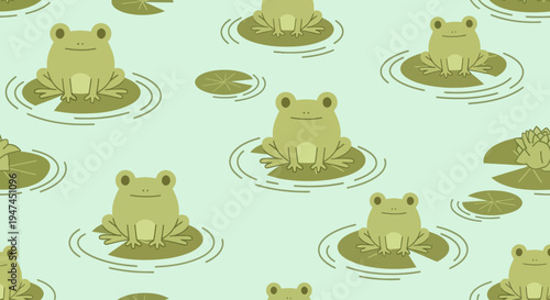 Nature Animals: Cute Flat Cartoon Frogs on Lily Pads Seamless Pattern Pond Illustration