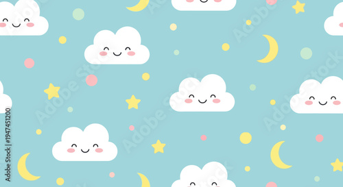 Cute Flat Children's Seamless Sky Pattern with Smiling Clouds, Stars, and Moons