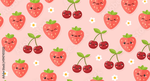 Food and Kids Cute Flat Cartoon Seamless Pattern with Smiling Strawberries and Cherries