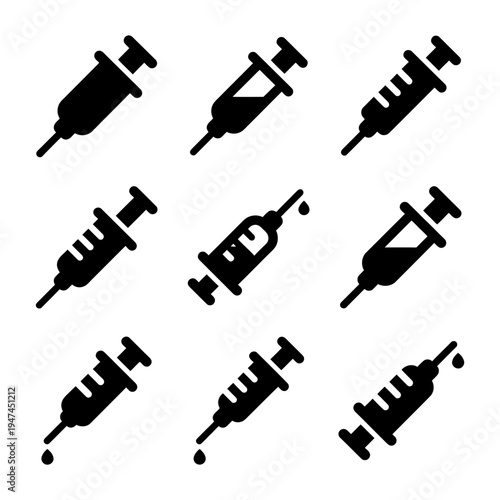 Set of nine medical syringe icons for vaccination and injection.