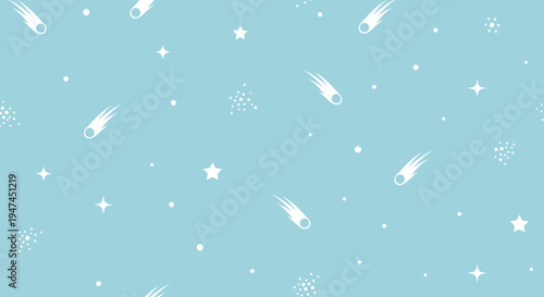 Light Blue Flat Design Seamless Pattern with White Stars, Comets, and Space Elements
