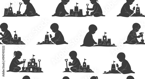 Childhood Sandcastle Play Silhouettes: Babies  Toddlers, Summer Beach Recreation