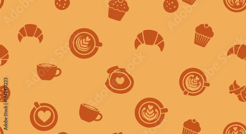 Cafe Food and Drink Flat Glyph Seamless Pattern: Coffee, Pastries, and Baked Goods Icons