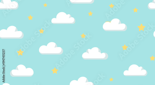 Cute Kids Flat Vector Art Seamless Pattern Background with White Clouds and Yellow Stars