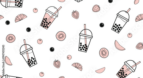 Food  Beverage Line Art Seamless Pattern with Bubble Tea Boba Drinks and Fresh Fruits