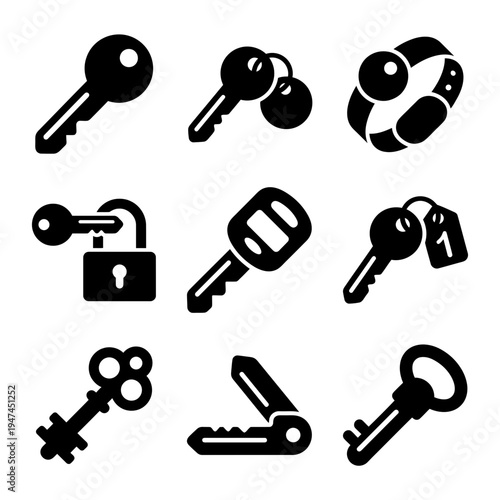 A diverse collection of black key and lock vector icons on a white background representing security and access.
