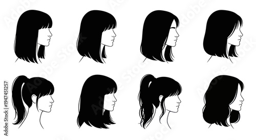 Beauty  Fashion Female Hairstyles Black  White Line Art Vector Set
