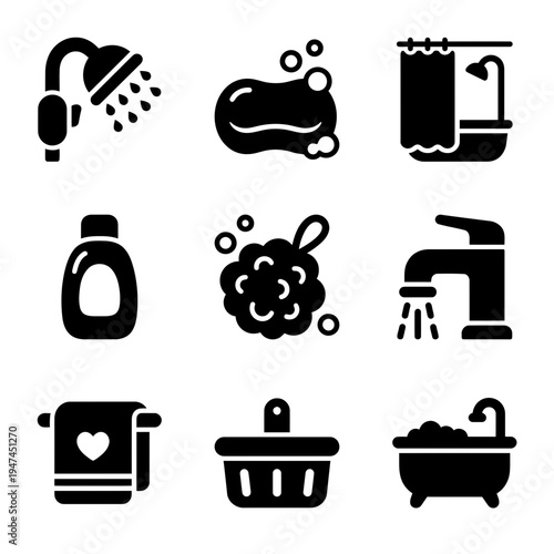 Bathroom and personal hygiene solid glyph icon set.