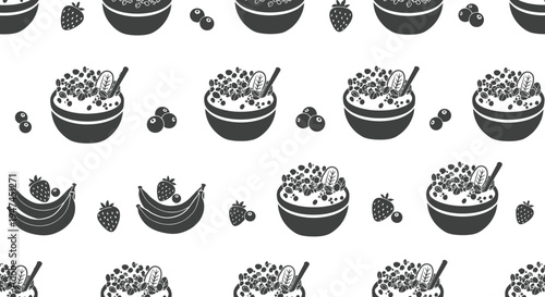 Food Industry Black and White Glyph Pattern of Healthy Breakfast Bowls, Fruits, and Berries