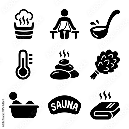 Sauna and spa solid glyph icon set for wellness and relaxation.