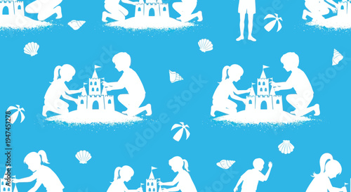 Childhood Summer Beach Play Silhouette Pattern with Kids Building Sandcastle