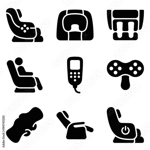 Massage chair and relaxation equipment solid glyph icons set.