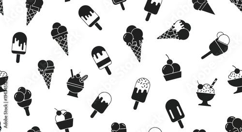 Food  Dessert Black  White Ice Cream and Popsicle Glyph Seamless Pattern Background
