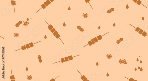 Southeast Asian Satay Skewers, Peanuts, and Sauce Flat Pattern Food Background