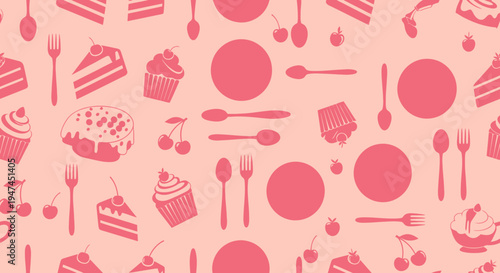 Food Industry Desserts Flat Seamless Pattern with Cakes, Cupcakes, Cherries, Plates, and Cutlery