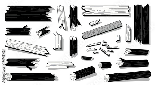 Construction Woodworking Black  White Line Art Vector Set of Broken Wood Pieces, Planks  Logs