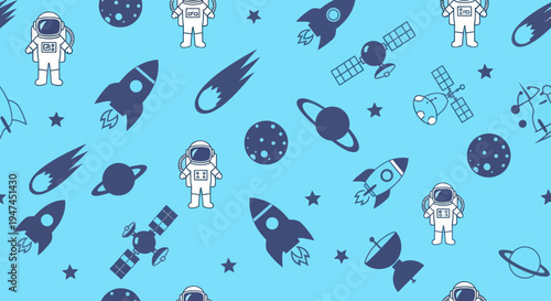 Space Exploration Flat Outline Seamless Pattern with Astronauts, Rockets, Planets, and Stars