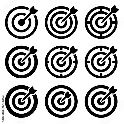 Collection of black and white target and arrow icons representing success.