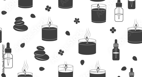 Spa Wellness Aromatherapy Black  White Glyph Seamless Pattern with Candles, Oils, and Stones