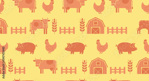 Flat Design Agriculture Farm Animals and Rural Elements Seamless Pattern Background