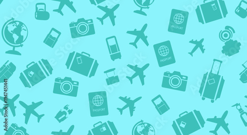 Flat Design Seamless Pattern for Travel and Tourism with Airplane and Vacation Icons