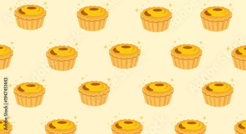 Food  Bakery: Flat Cartoon Portuguese Egg Tarts Seamless Pattern