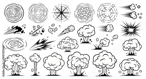 Graphic Design Black White Cartoon Comic Explosions Speed Lines Impact Effects Set