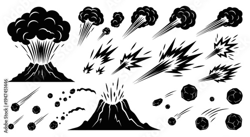 Black and White Vector Set of Volcanoes, Meteors, Explosions and Impact Effects