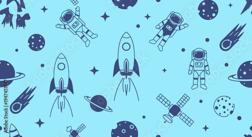 Outer Space Adventure Cartoon Line Art Vector Seamless Pattern with Astronauts, Rockets, Planets
