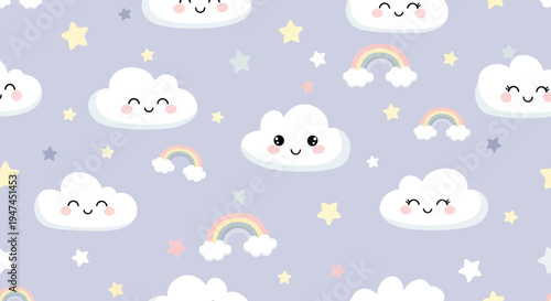 Kawaii Children's Seamless Pattern: Happy Clouds, Rainbows, Stars - Flat Vector Art