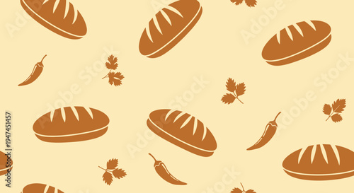 Food Industry Flat Seamless Pattern with Bread, Chili Peppers, and Herbs. Culinary Background.