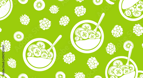 Healthy Food Seamless Pattern: Flat Line Art of Fruit Salad Bowls, Kiwis  Berries