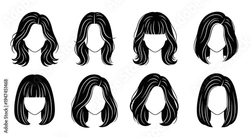 Beauty Women's Hairstyles Black Silhouette Vector Icons. Haircut Collection.