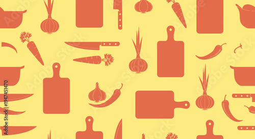 Flat Kitchen Cooking Food Seamless Pattern with Utensils, Vegetables  Spices