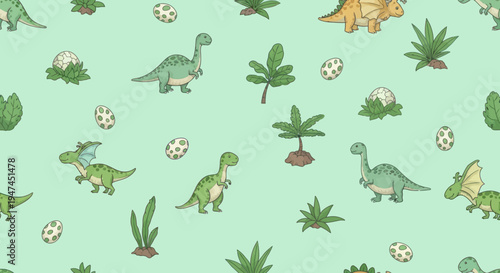 Cute Cartoon Dinosaurs, Eggs, and Plants Seamless Pattern for Kids