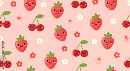 Cute Kawaii Flat Vector Seamless Pattern Illustration with Strawberry and Cherry Fruits for Children
