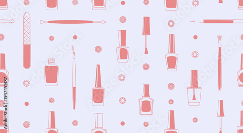 Nail Care Tools and Manicure Cosmetics Seamless Pattern in Flat Line Art Style