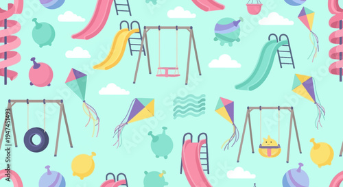 Flat Illustration Children Playground Seamless Pattern with Swings, Slides, and Kites