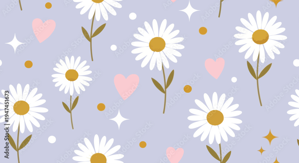 Obraz premium Cute Flat Illustration Seamless Pattern: Daisy Flowers, Hearts, Stars for Decorative Design