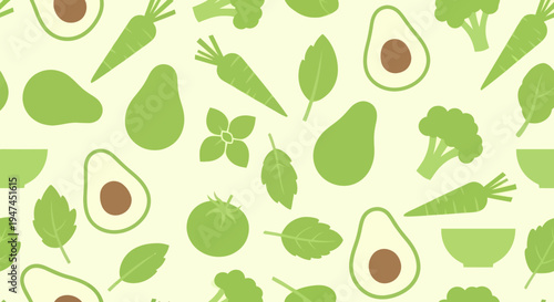 Food  Drink Flat Design Healthy Vegetables  Fruits Seamless Pattern. Nutrition  Wellness Background.