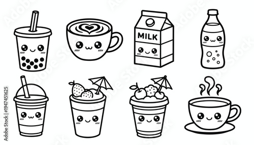 A charming collection of kawaii-style line art illustrations featuring various beverages and dairy products, each with adorable facial features.