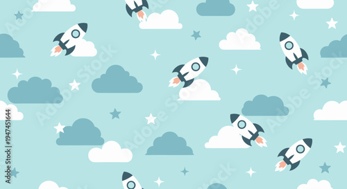 Flat Design Childhood Space Exploration Seamless Pattern with Rockets, Clouds, and Stars